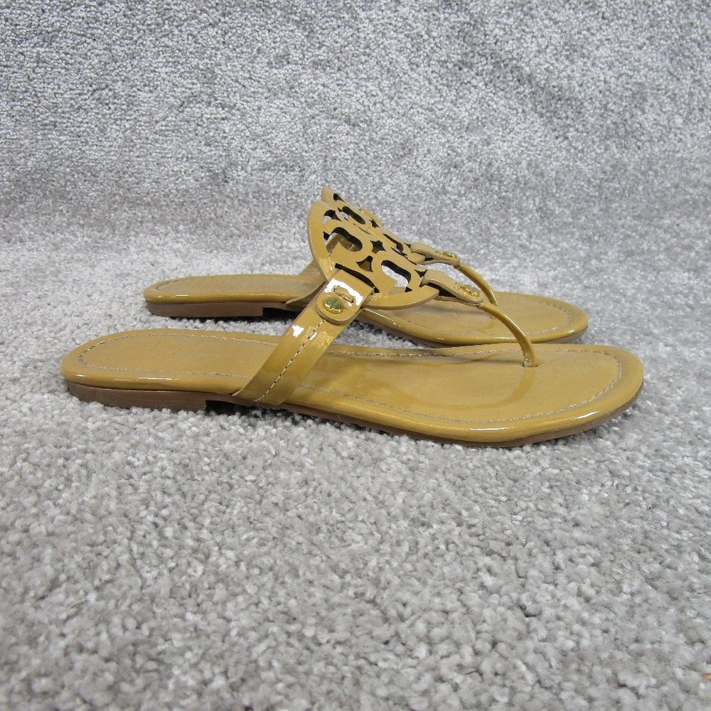 Tory Burch Miller Sandals Womens Size 8.5 Brown Patent Leather Thong Logo